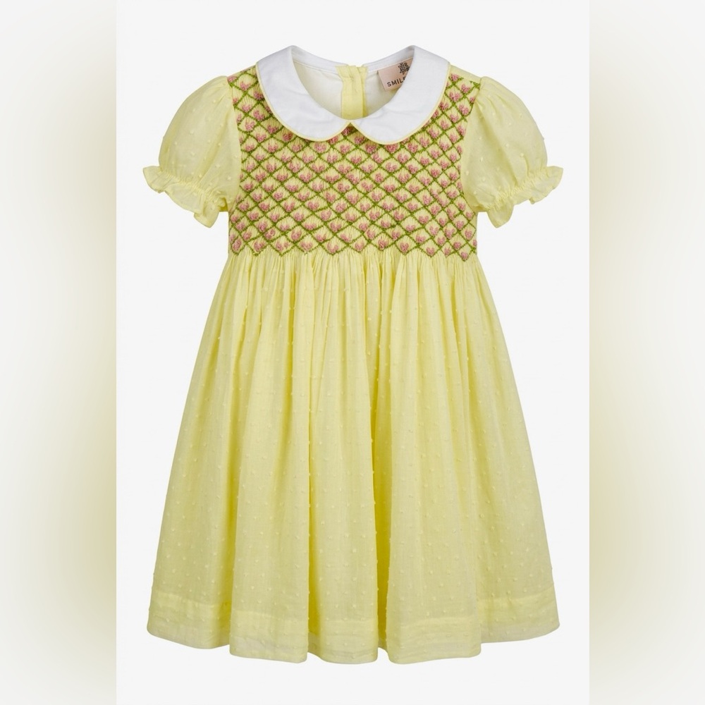Smockingbird Yellow Smocked Dress Girl’s Toddler 3T Swiss Dot Collar Lined